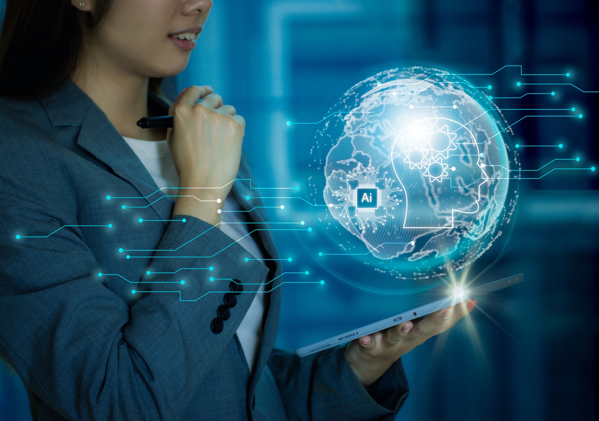 Global internet network connection, digital business AI technology concept. Businesswoman using digital tablet with global network, blurred building background.